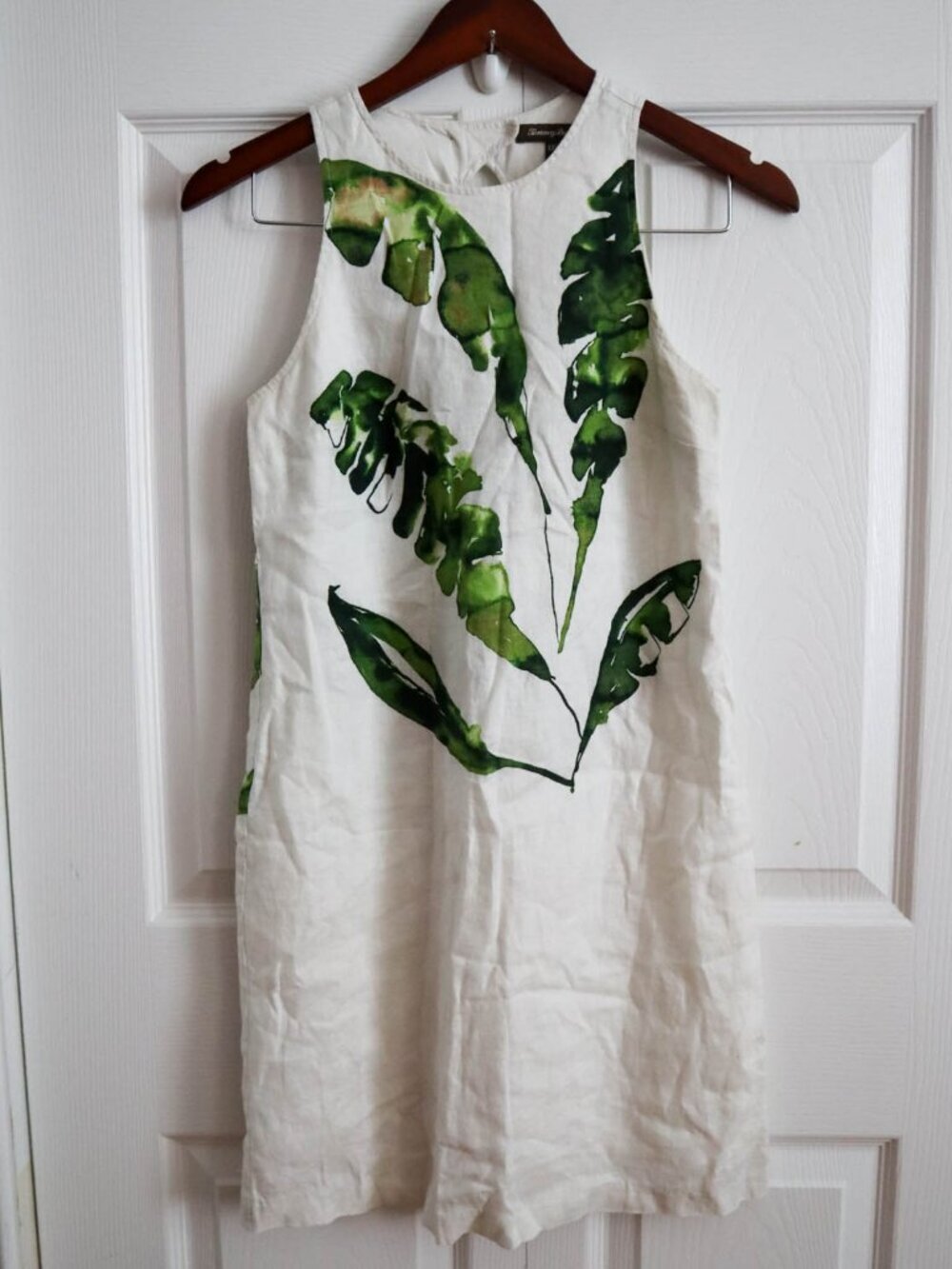 Tommy Bahama Palm Leaf Print Mini Shift Dress 100% Linen w/ Cotton Lining Sz XXS